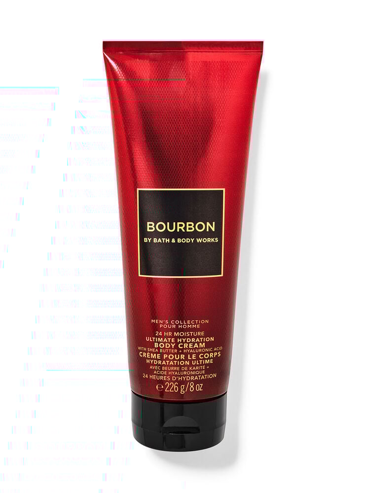 A tube of Bourbon Ultimate Hydration Body Cream by Bath & Body Works with a red label.