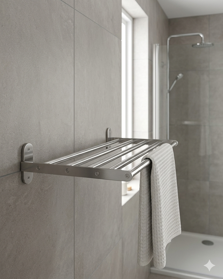 BROGRUND Wall shelf with towel rail, stainless steel, 67x27 cm