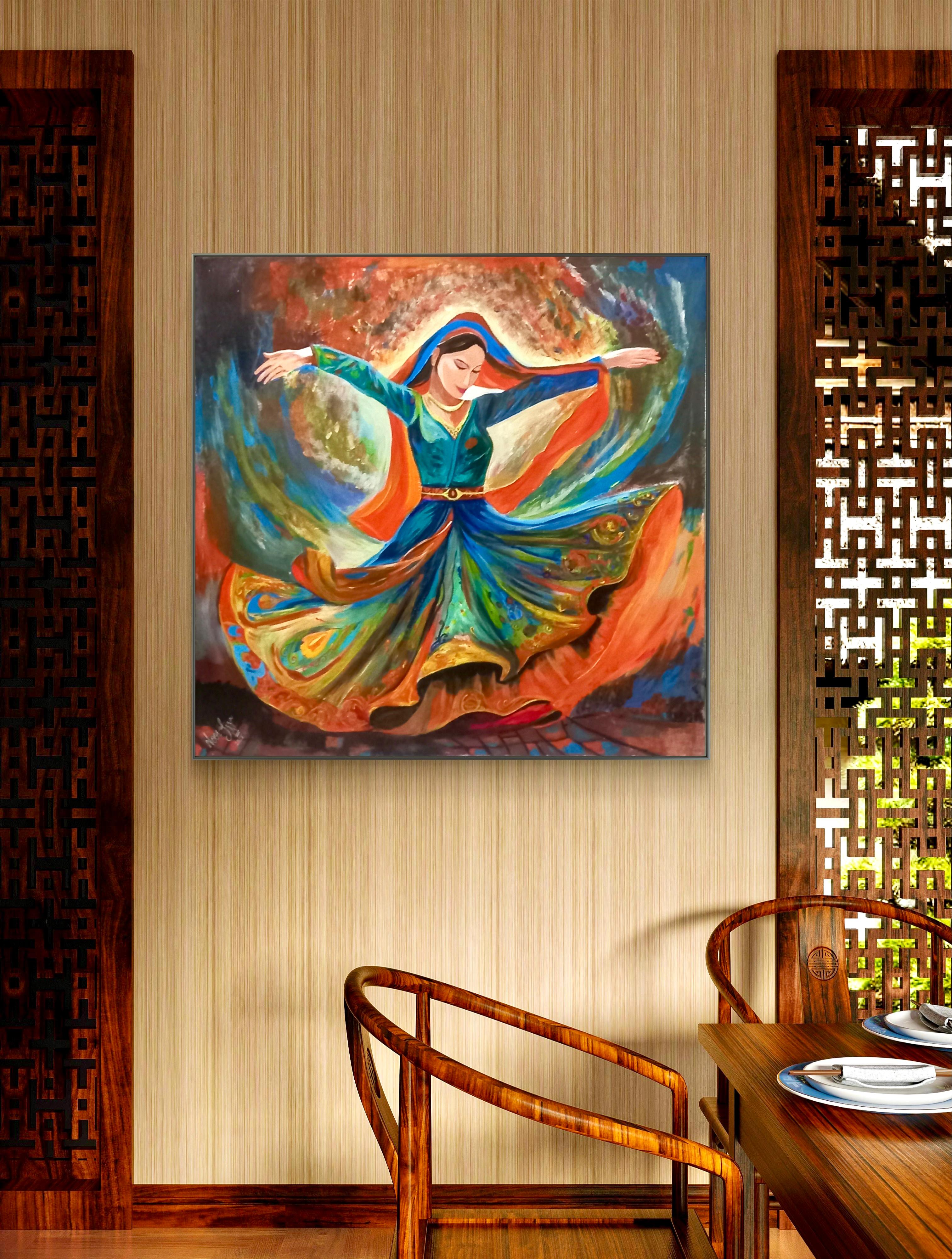 Colorful painting of a dancer on a wall above a wooden chair in a room with a table and chairs.