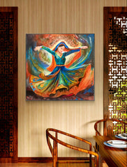 Colorful painting of a dancer on a wall above a wooden chair in a room with a table and chairs.
