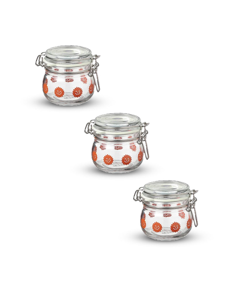 KORKEN Jar with lid, clear glass patterned/bright orange, 13 cl